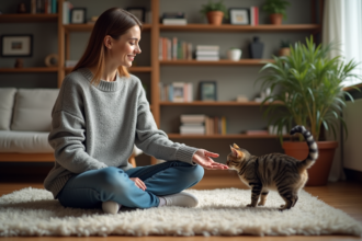 Femme assise avec un chat dans un intérieur chaleureux