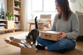 Femme assise avec un chat et une box de nourriture pour chats