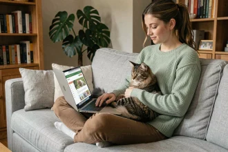 Jeune femme consultant le site AnimalCenter sur son ordinateur portable avec son chat tigré sur les genoux dans un salon cosy