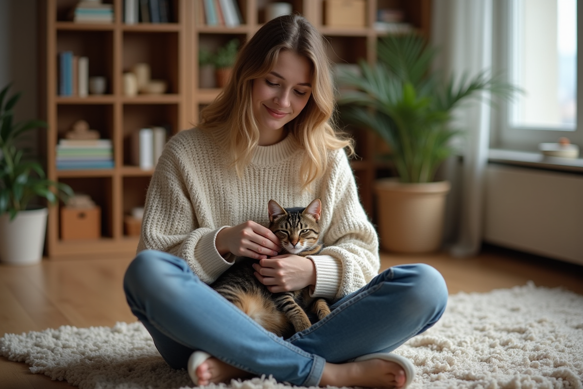 Jeune femme caressant un chat dans un salon chaleureux