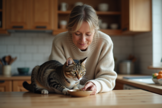 Femme douce caressant un chat dans la cuisine chaleureuse