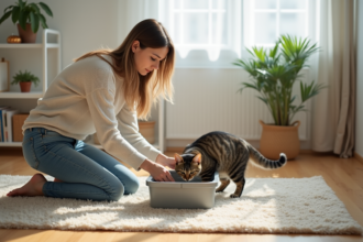 Femme et chat dans un salon lumineux avec bac à litière