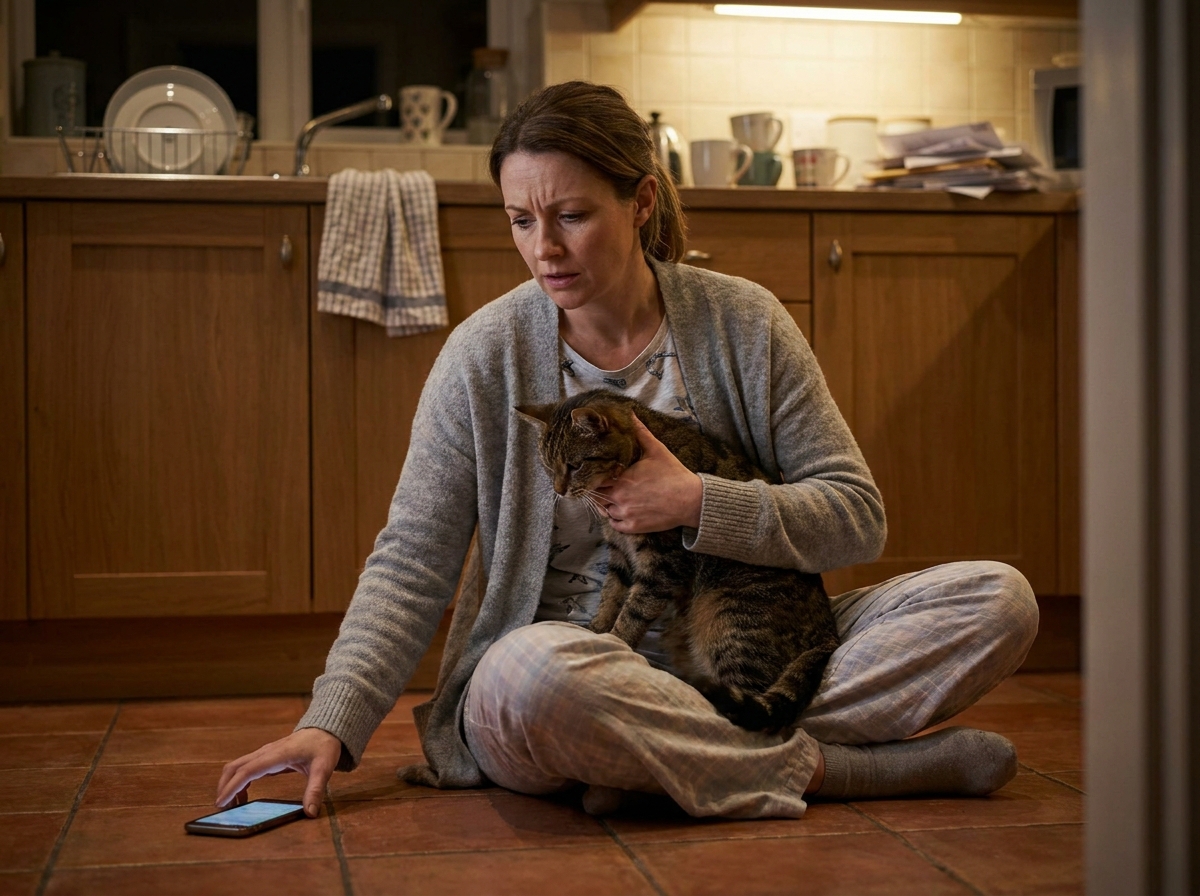 Femme inquiète tenant son chat malade dans la cuisine la nuit, cherchant une clinique vétérinaire d'urgence à Nice