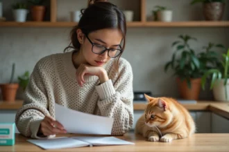 Femme lisant une notice de médicament pour son chat dans la cuisine