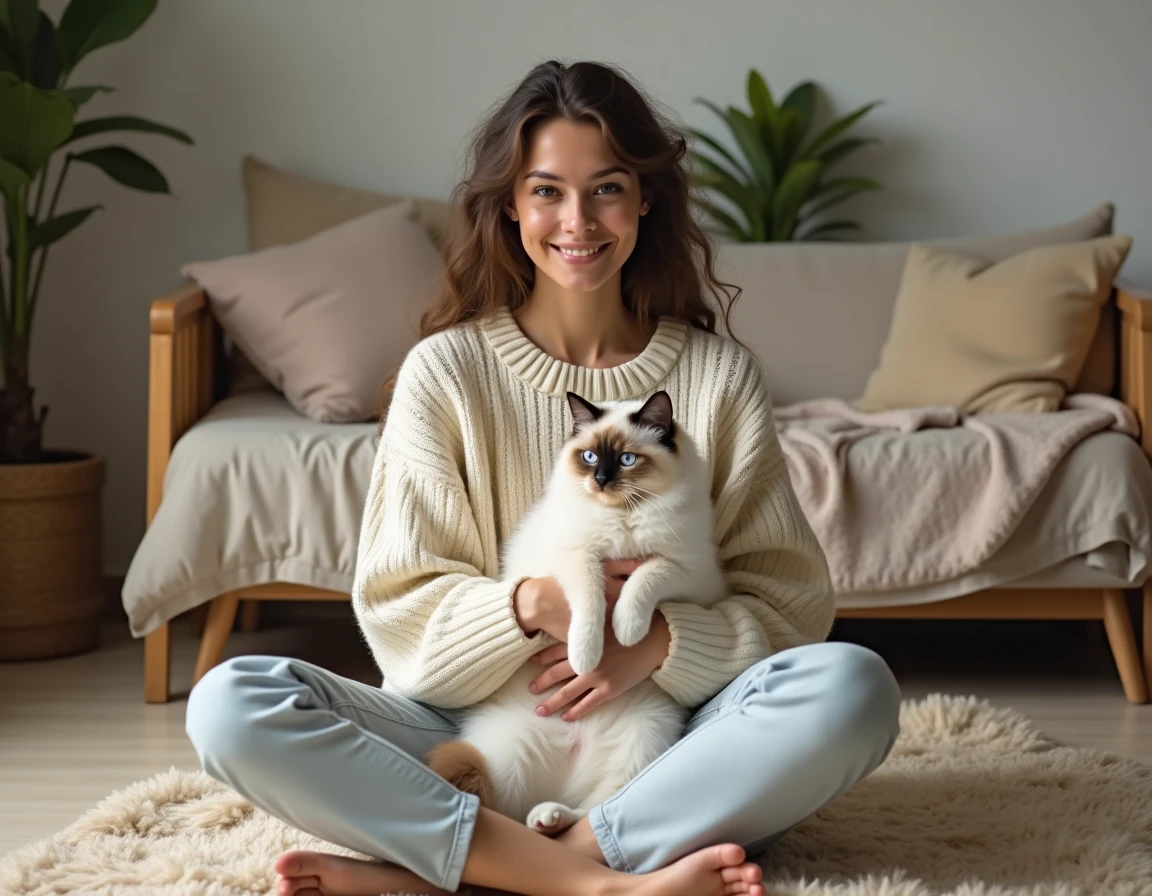 Jeune femme tenant un chat Ragdoll poils longs dans un salon d'appartement cosy et décoré
