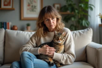 Femme attentive avec chat aux pupilles dilatees