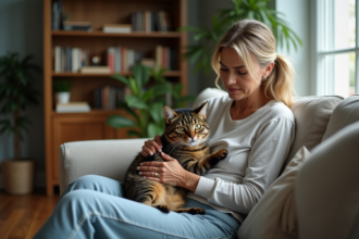 Femme assise avec son chat tabby dans un salon chaleureux