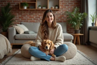 Jeune femme avec chien golden dans un intérieur chaleureux