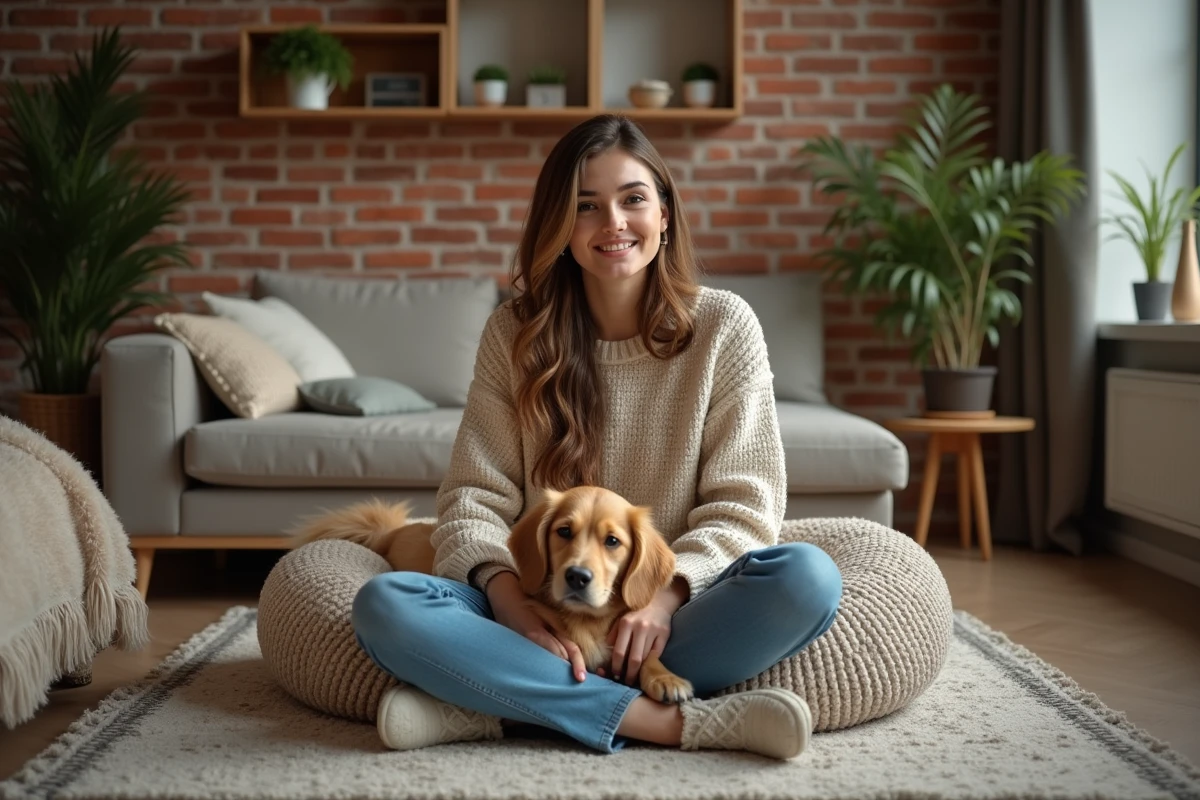Jeune femme avec chien golden dans un intérieur chaleureux