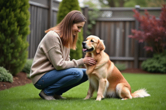 Femme adulte avec golden retriever dans le jardin