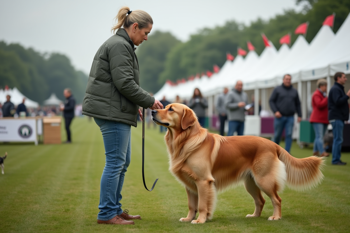 Femme tenant un golden retriever lors d'un concours canin en extérieur