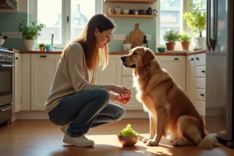 Femme avec chien dans la cuisine ensoleillee