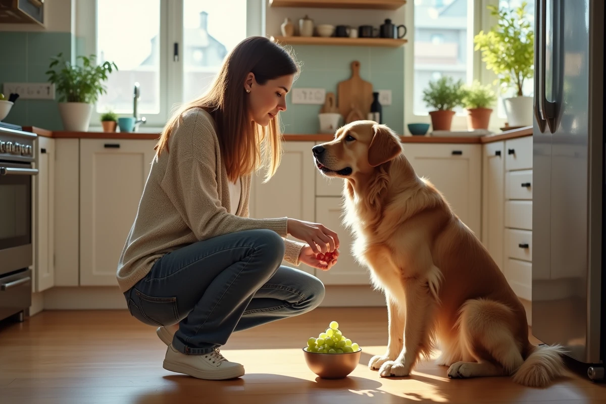 Femme avec chien dans la cuisine ensoleillee