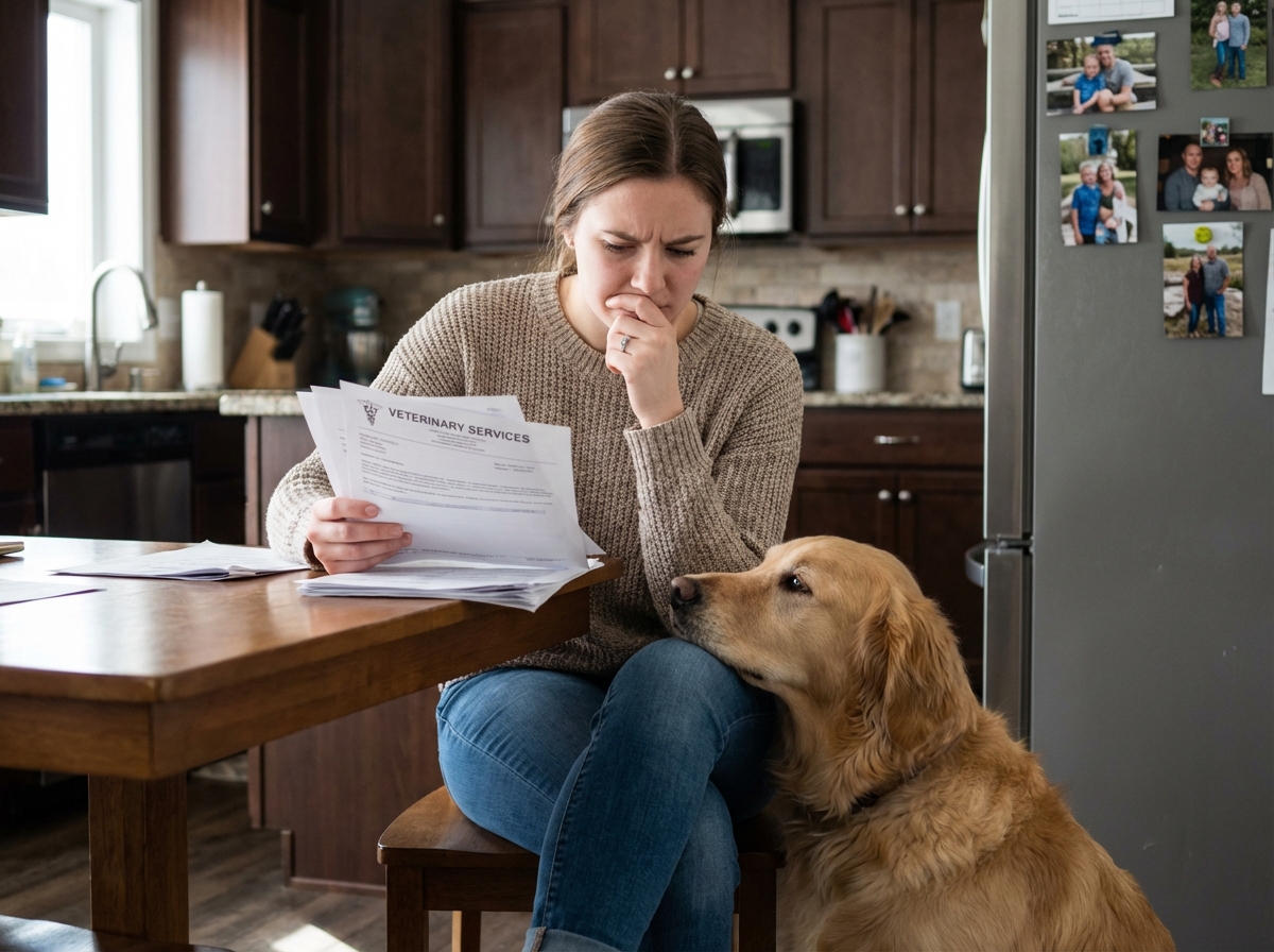 Femme et chien regardant des factures vétérinaires à la maison