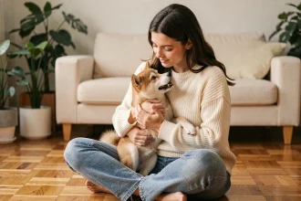 Jeune femme assise sur un parquet tenant un chiot Shiba Inu miniature contre elle dans un appartement moderne chaleureux