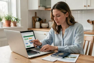 Femme consultant un comparateur d'assurance voyage sur son ordinateur portable avec son passeport posé à côté