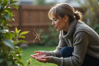 Femme observant une toile d'araignée dans un jardin calme