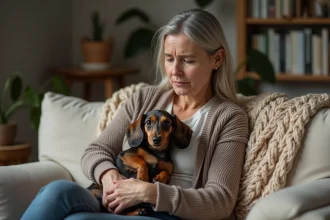 Femme assise avec un petit chien dachshund dans un salon chaleureux
