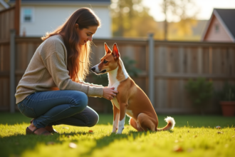Jeune femme caressant un Basenji dans un jardin ensoleille