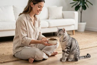 Jeune femme donnant des croquettes à un chat de 12 mois dans un appartement scandinave moderne