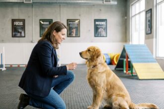 Femme en blazer bleu entraînant un chien golden retriever