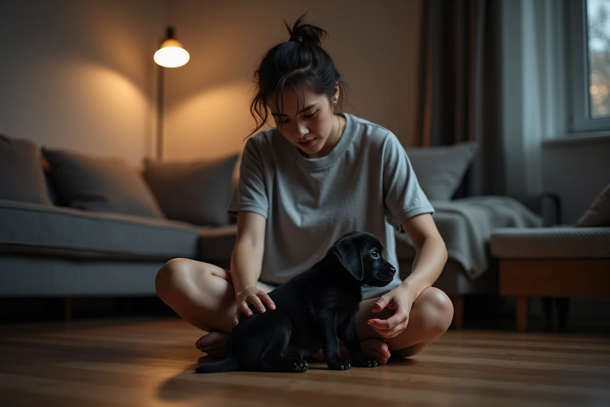Femme fatiguée consolant son chiot qui pleure la nuit dans l'appartement