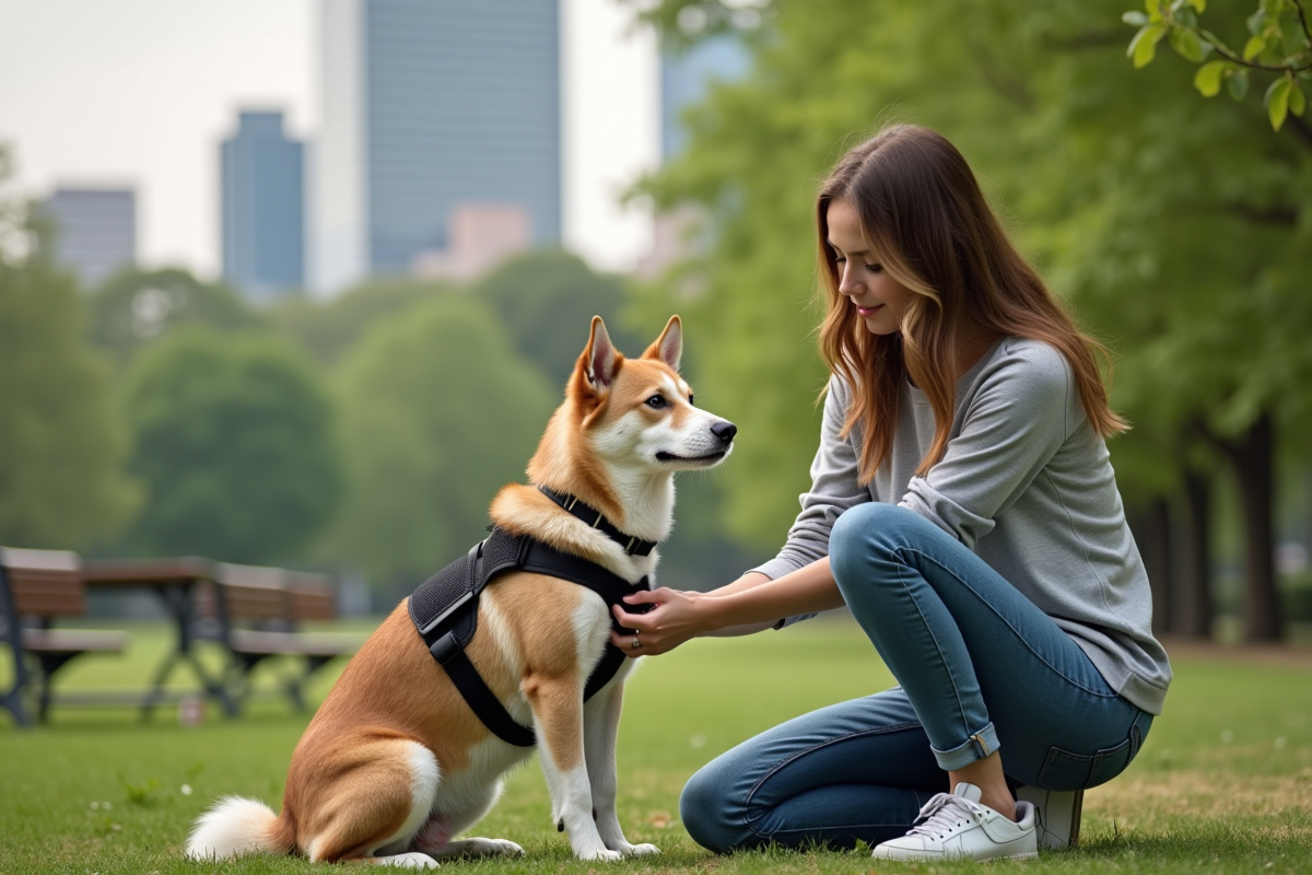 Jeune femme en parc attachant un harnais à son chien