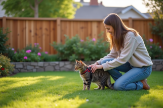 Jeune femme dans le jardin avec un chat et un harnais