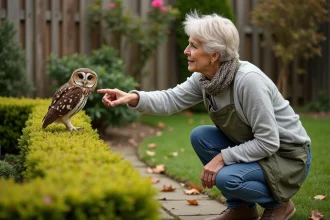 Femme dans le jardin pointant un hibou sur une branche