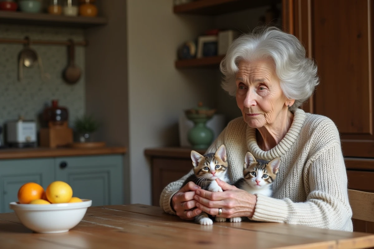 Femme âgée tenant deux chatons dans sa maison à Toulon