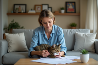 Femme française avec chat sur les genoux prête à scanner le microchip