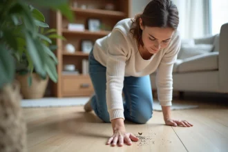 Femme examinant des saletés sur un parquet intérieur