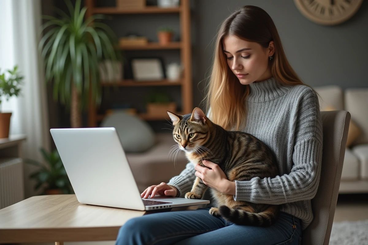 Jeune femme avec chat sur ses genoux à la maison