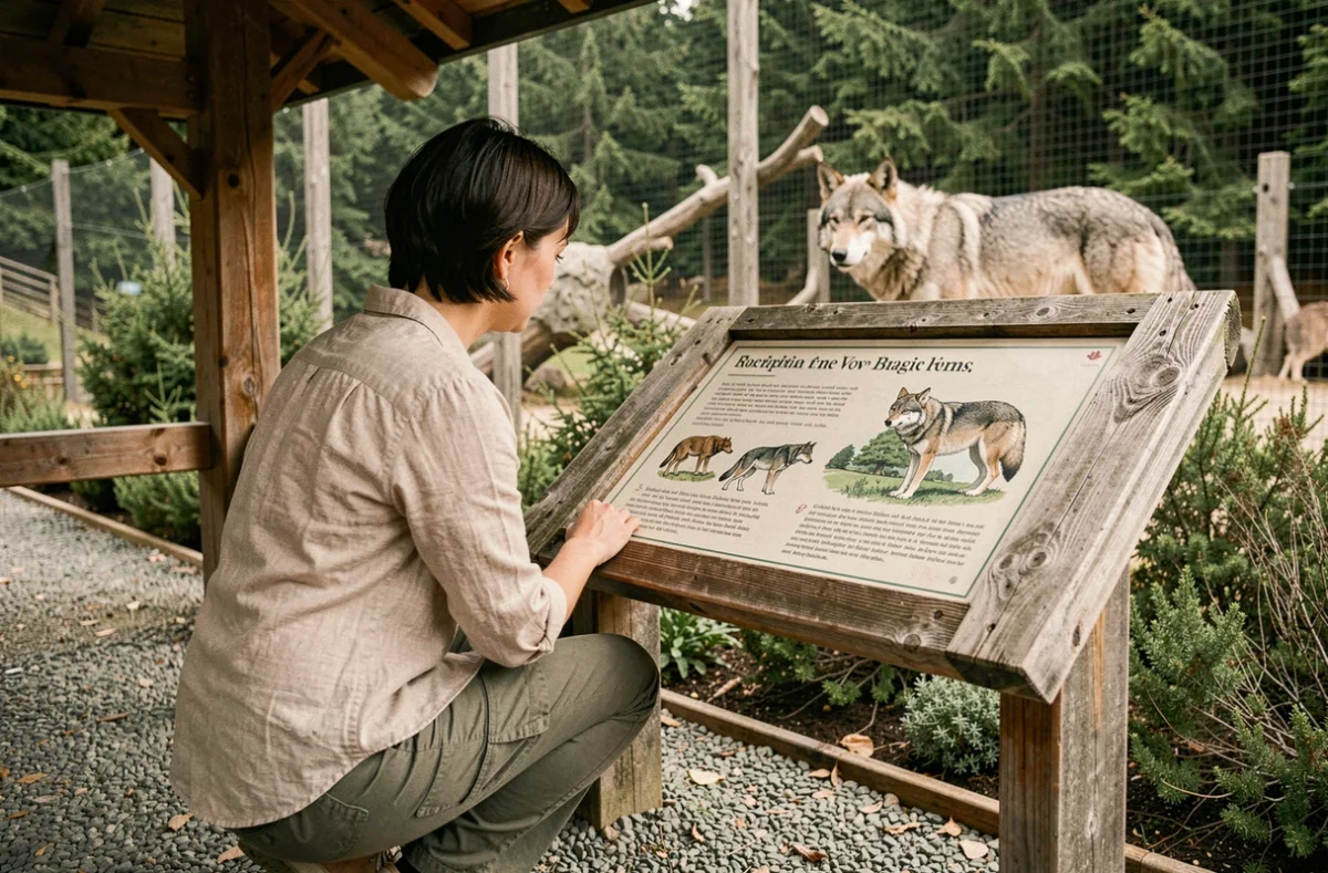 Femme lisant un panneau pédagogique sur les loups dans un parc animalier de Savoie, tourisme nature responsable