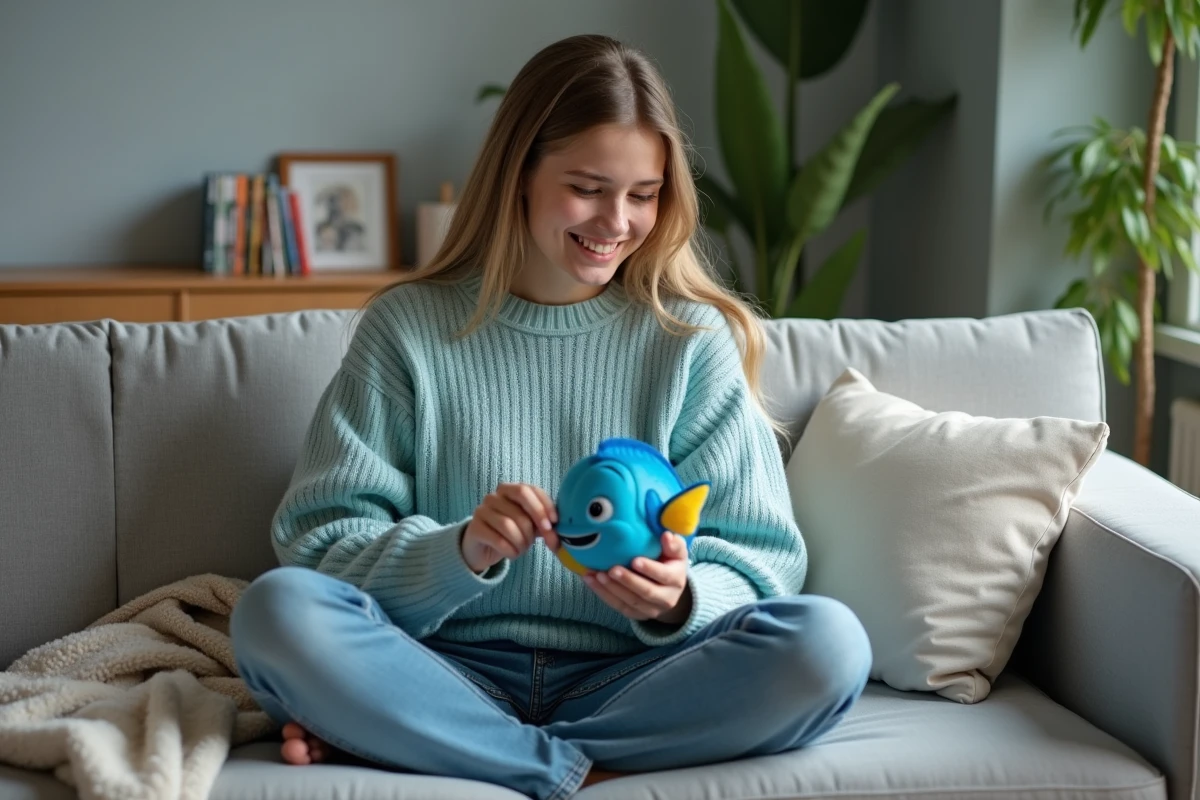 Jeune femme tenant une peluche de Doris le poisson avec un sourire nostalgique dans un salon cosy
