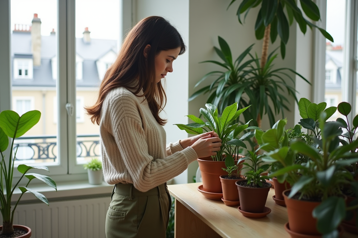 Jeune femme ajustant une plante Monstera dans son appartement parisien