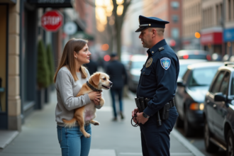 Femme parlant avec un policier et son chien en ville