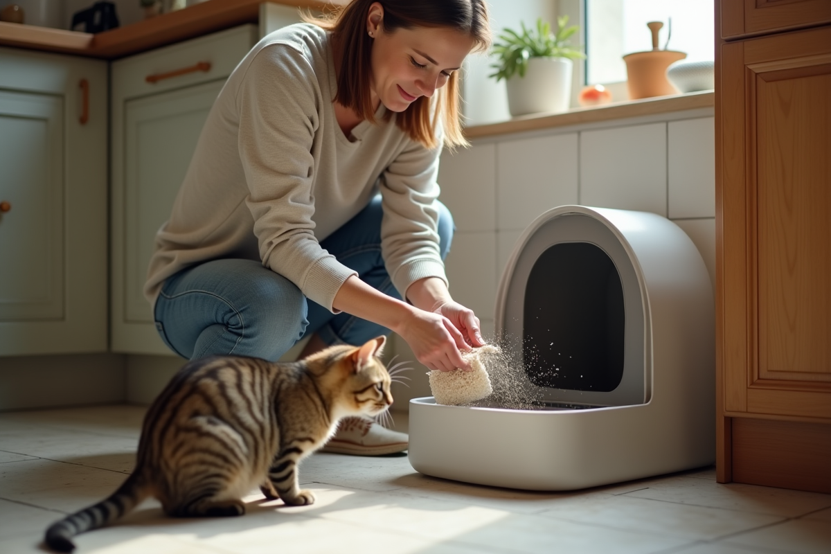 Femme versant de la litière dans une caisse à chat moderne