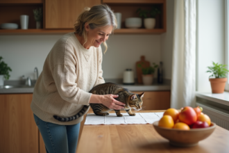 Femme redirigeant un chat dans une cuisine chaleureuse