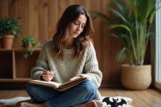 Femme assise avec journal et figurine de chauve-souris