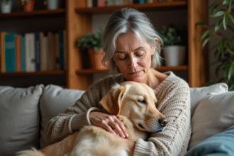 Femme et chien retriever dans un salon chaleureux
