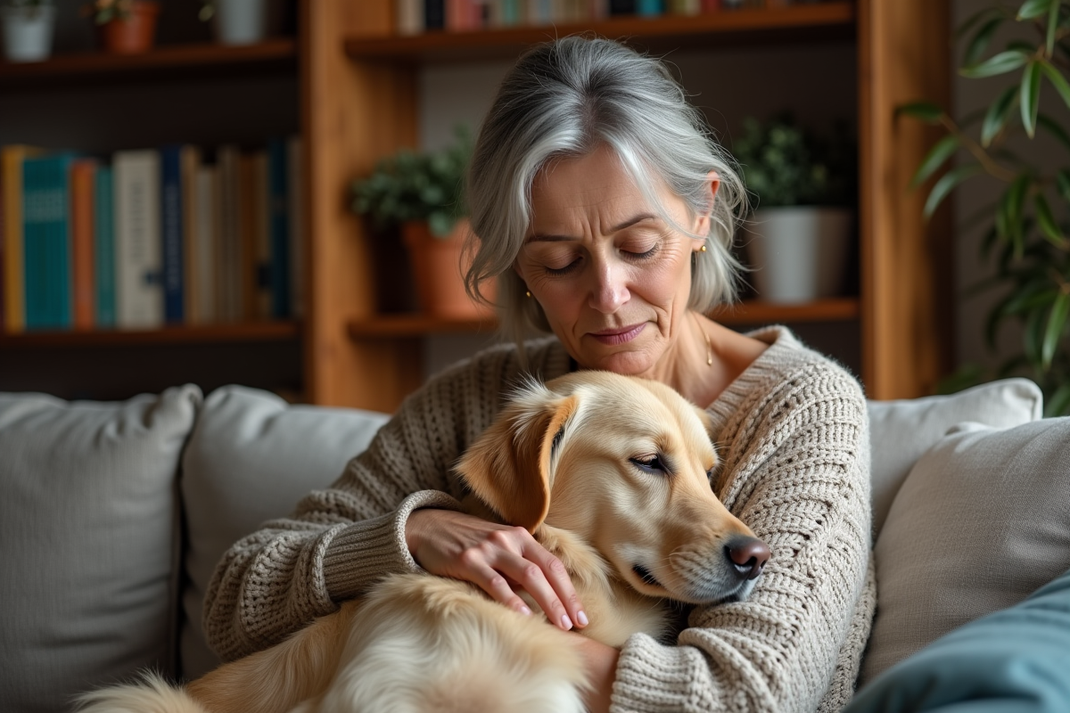 Femme et chien retriever dans un salon chaleureux
