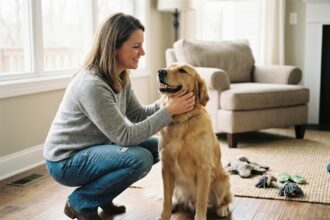 Femme en denim caressant son chien golden retriever dans un salon chaleureux