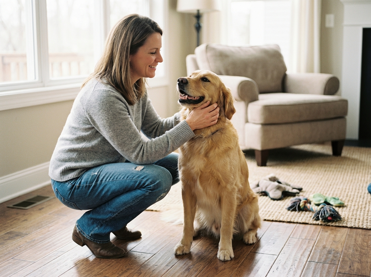 Femme en denim caressant son chien golden retriever dans un salon chaleureux
