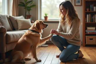 Femme et chien retriever dans un salon lumineux