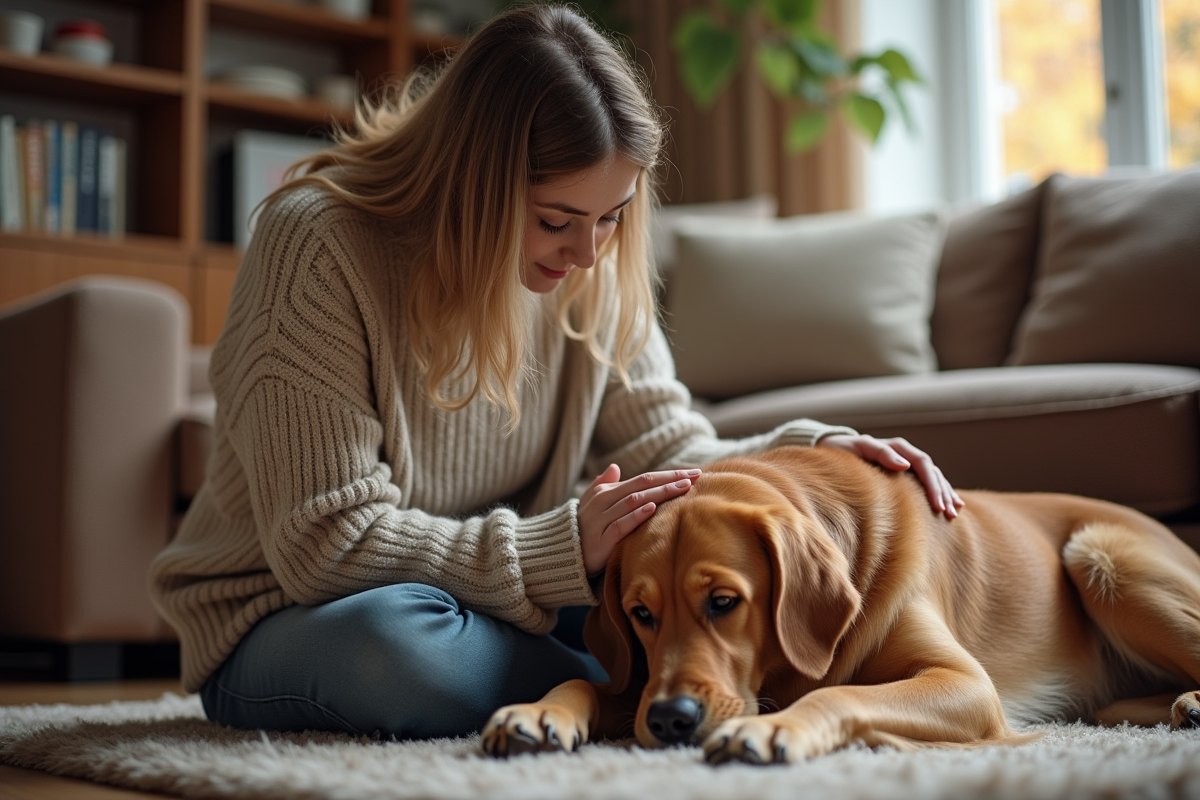 Femme caressant son retriever triste dans un intérieur chaleureux