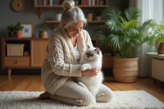 Femme souriante tenant un chat Sacré de Birmanie dans un salon chaleureux