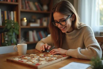 Femme jouant au Scrabble avec des mots d'animaux en X sur une table en bois, ambiance cosy appartement