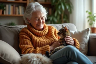 Femme senior souriante avec chat sur ses genoux