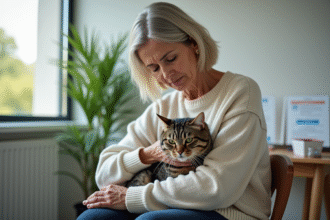 Femme senior avec chat sur ses genoux dans un cabinet vétérinaire